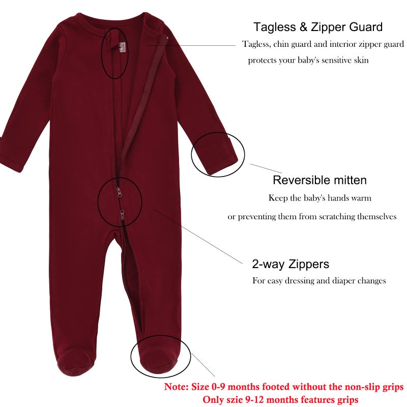 Aablexema Baby Footie Pajama with Mitten Cuffs, Double Zipper Infant Cotton clothes Sleeper Pjs, Footed Sleep Play(Grey&Black&Wine Red,12-18Months) - Image 2