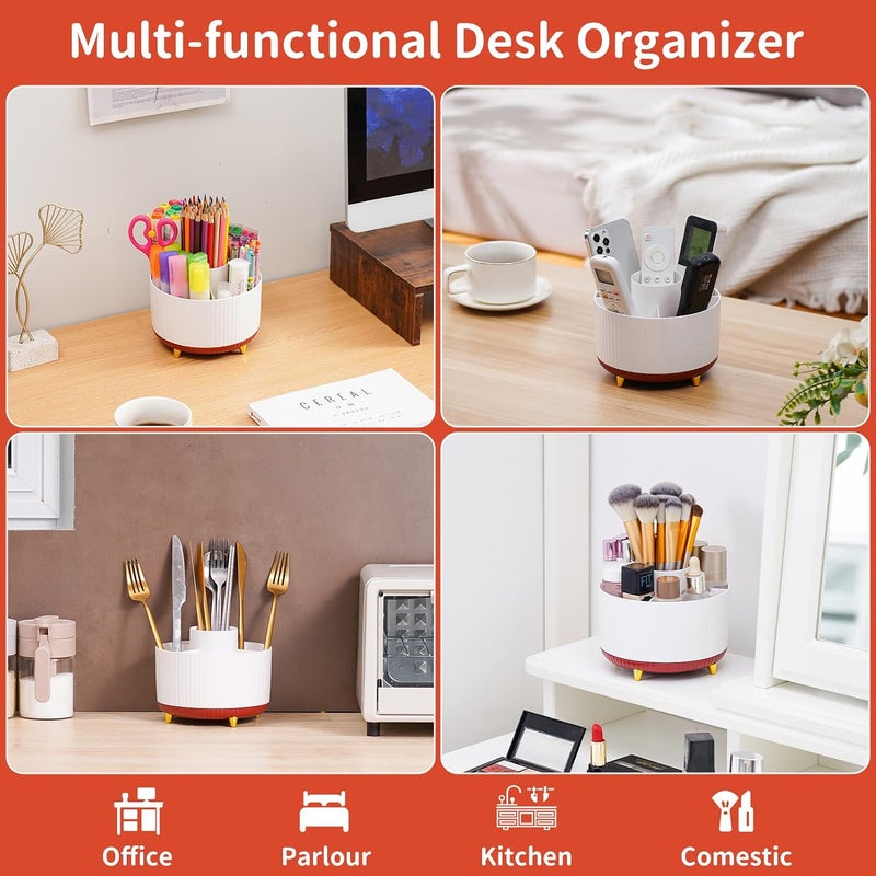 Marbrasse Desk Organizer, 360-Degree Rotating Pen Holder, Desk Organizers and Accessories with 5 Compartments Pencil Holder, Art Supply Storage Box Caddy for Office, Home (White+Red) - Image 2