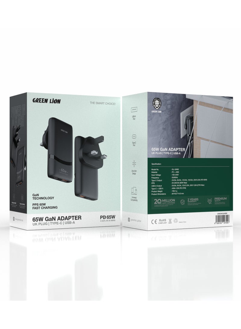 GREEN LION 65W GaN Adapter UK Plug Dual Type-C Ports / PPS 60W Fast Charging / PC + ABS Material / Universal Compatibility / Multi-Protection / Ultra Slim Design / 0-50% in 30 Minutes / Power Up Safely - Black - Image 2