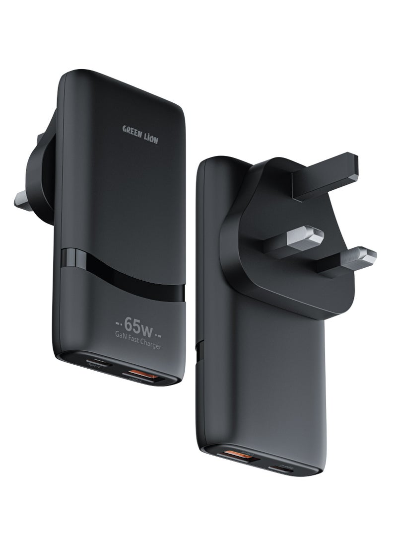 GREEN LION 65W GaN Adapter UK Plug Dual Type-C Ports / PPS 60W Fast Charging / PC + ABS Material / Universal Compatibility / Multi-Protection / Ultra Slim Design / 0-50% in 30 Minutes / Power Up Safely - Black - Image 1