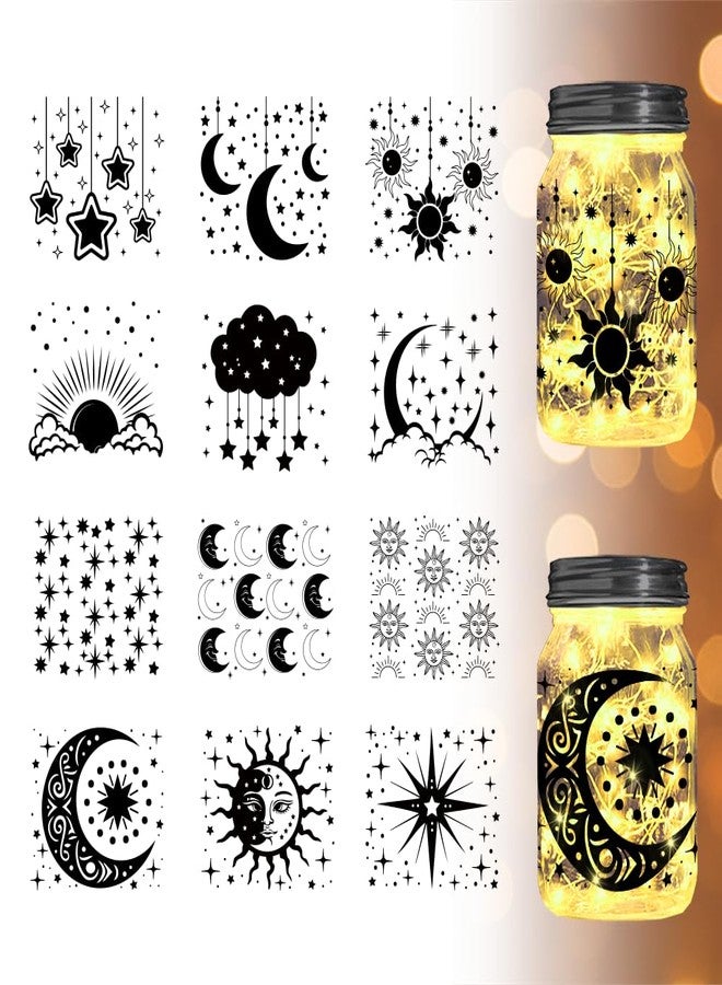 BEUNITONE 12 pcs Star Cut Silhouettes Moon Silhouettes Mason Jar Cutouts Sun Cutouts Decals Cloud Light Shadow Paper Moon Paper-Cut Cardboard Lantern Sticker Ornaments for Party - Image 1