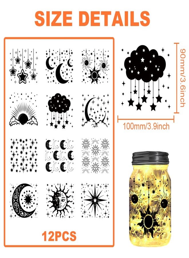 BEUNITONE 12 pcs Star Cut Silhouettes Moon Silhouettes Mason Jar Cutouts Sun Cutouts Decals Cloud Light Shadow Paper Moon Paper-Cut Cardboard Lantern Sticker Ornaments for Party - Image 2