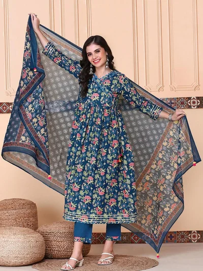 ISHIN ISHIN Women Cotton A-Line Kurta with Pants and Dupatta Set