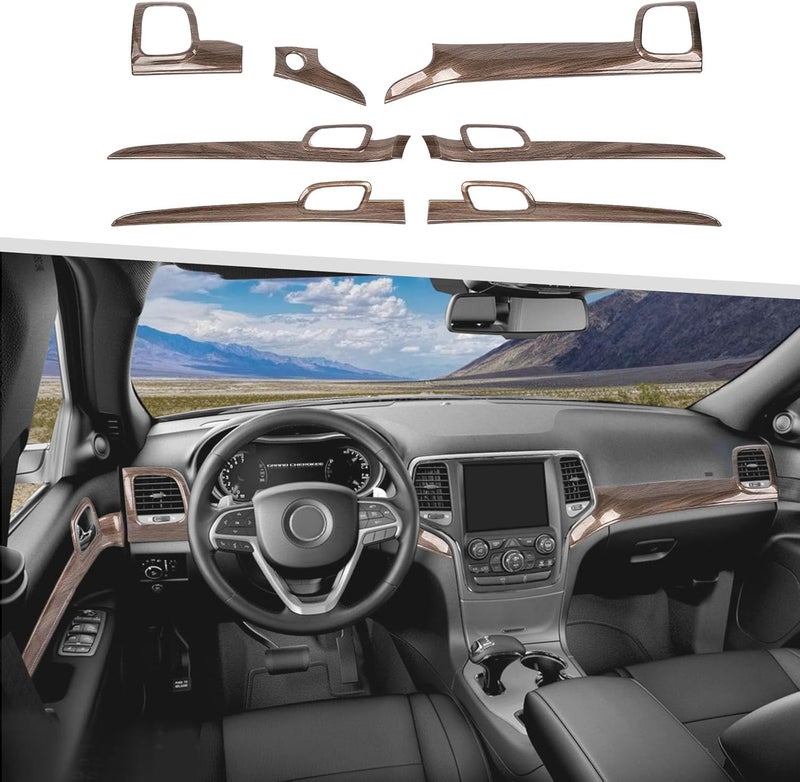 Jimen 7PCS Center Console Dash Cover & Inner Door Handle Trim for Jeep Grand Cherokee 2011-2020 (Wood Grain) - Image 1