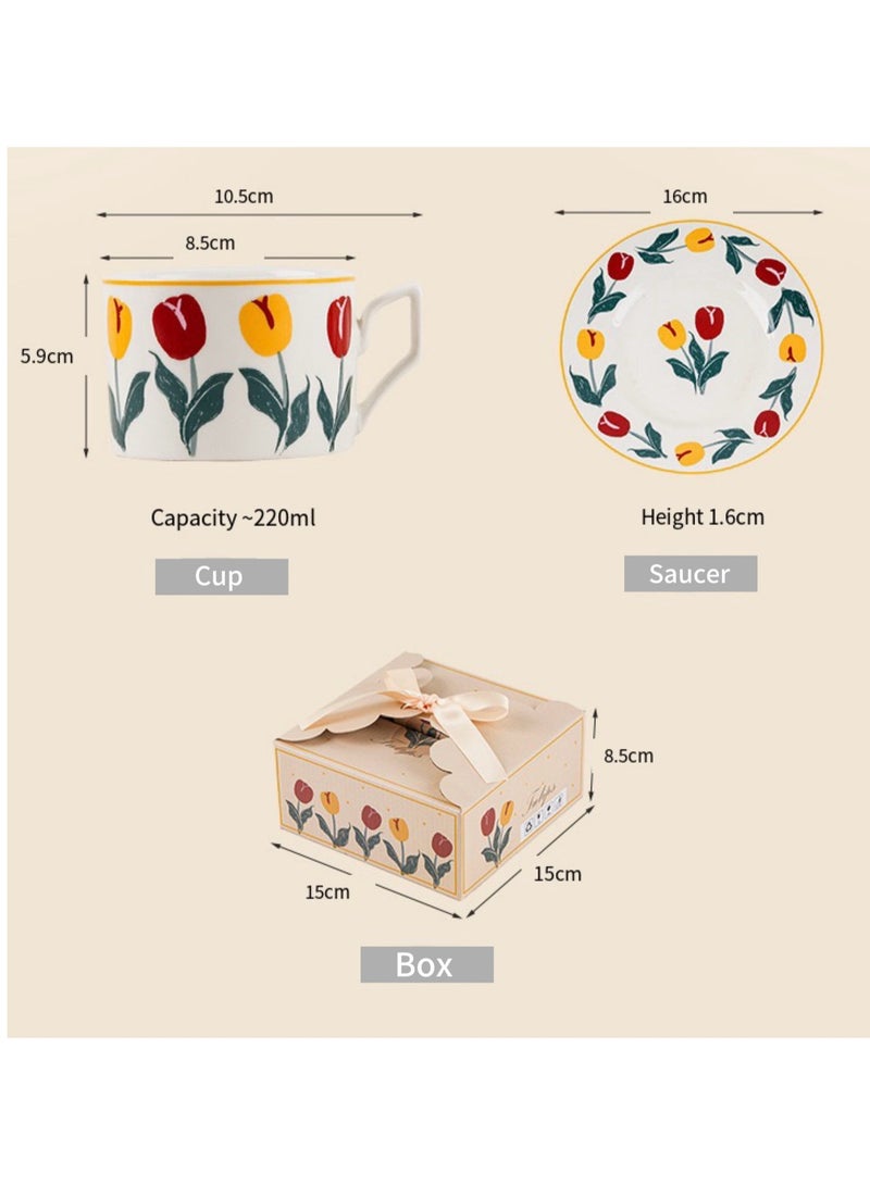 ميكسد مجموعة أكواب القهوة مع الصحن بتصميم زهور التوليب الكلاسيكي، مصنوعة يدويًا بسعة 220 مل، أكواب شاي بأسلوب بريطاني، أكواب ماء عصرية من البورسلين للمكتب والمنزل، علبة هدايا ليوم Mother's Day أو . - Image 3