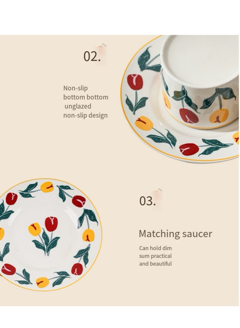 ميكسد مجموعة أكواب القهوة مع الصحن بتصميم زهور التوليب الكلاسيكي، مصنوعة يدويًا بسعة 220 مل، أكواب شاي بأسلوب بريطاني، أكواب ماء عصرية من البورسلين للمكتب والمنزل، علبة هدايا ليوم Mother's Day أو . - Image 2