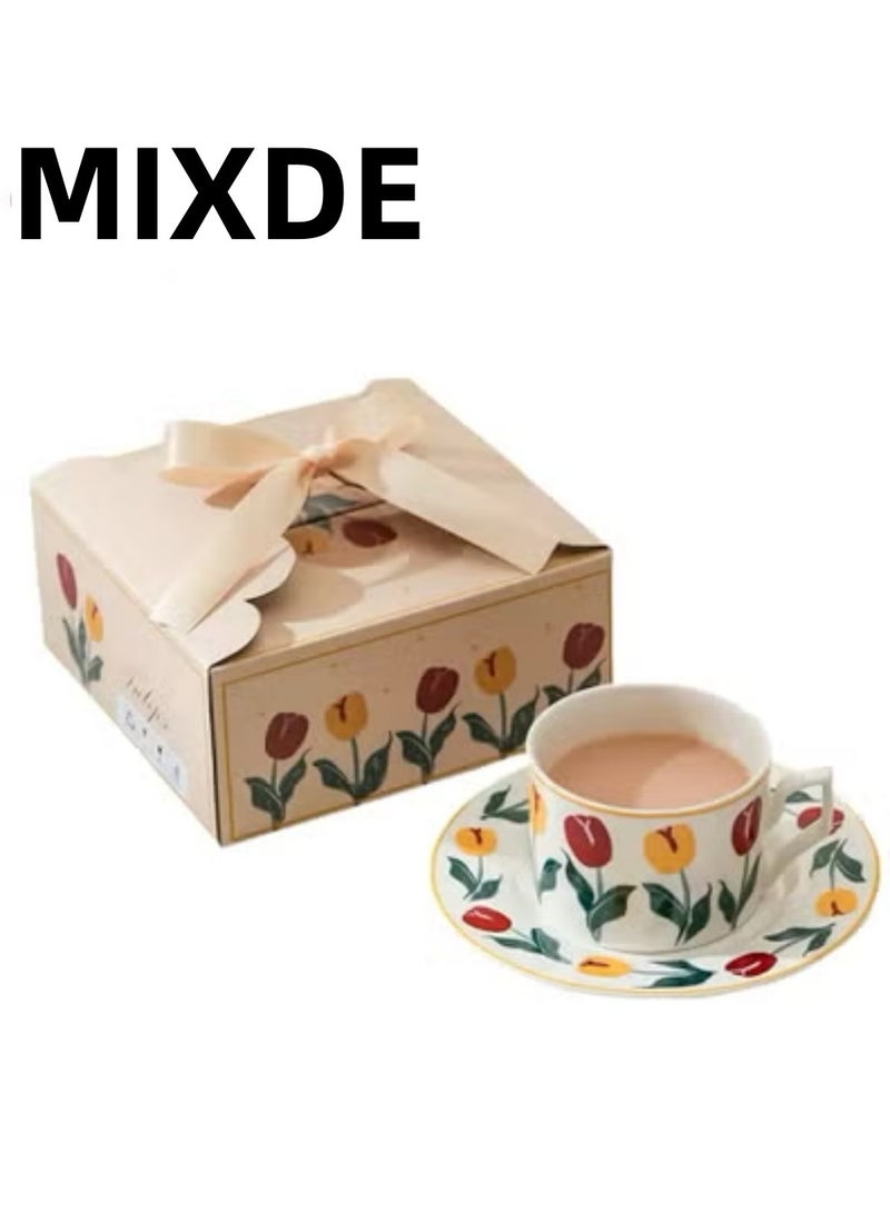 ميكسد مجموعة أكواب القهوة مع الصحن بتصميم زهور التوليب الكلاسيكي، مصنوعة يدويًا بسعة 220 مل، أكواب شاي بأسلوب بريطاني، أكواب ماء عصرية من البورسلين للمكتب والمنزل، علبة هدايا ليوم Mother's Day أو . - Image 1