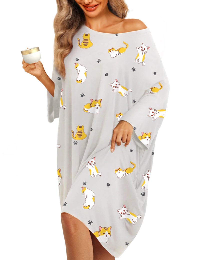 KFUBUO Plus Size Nightgowns for Women Oversized Sleep Tshirts Dress Pjs Lounge Short Sleeves Cat Sleepwear With Pocket Fit S-5XL - Image 1