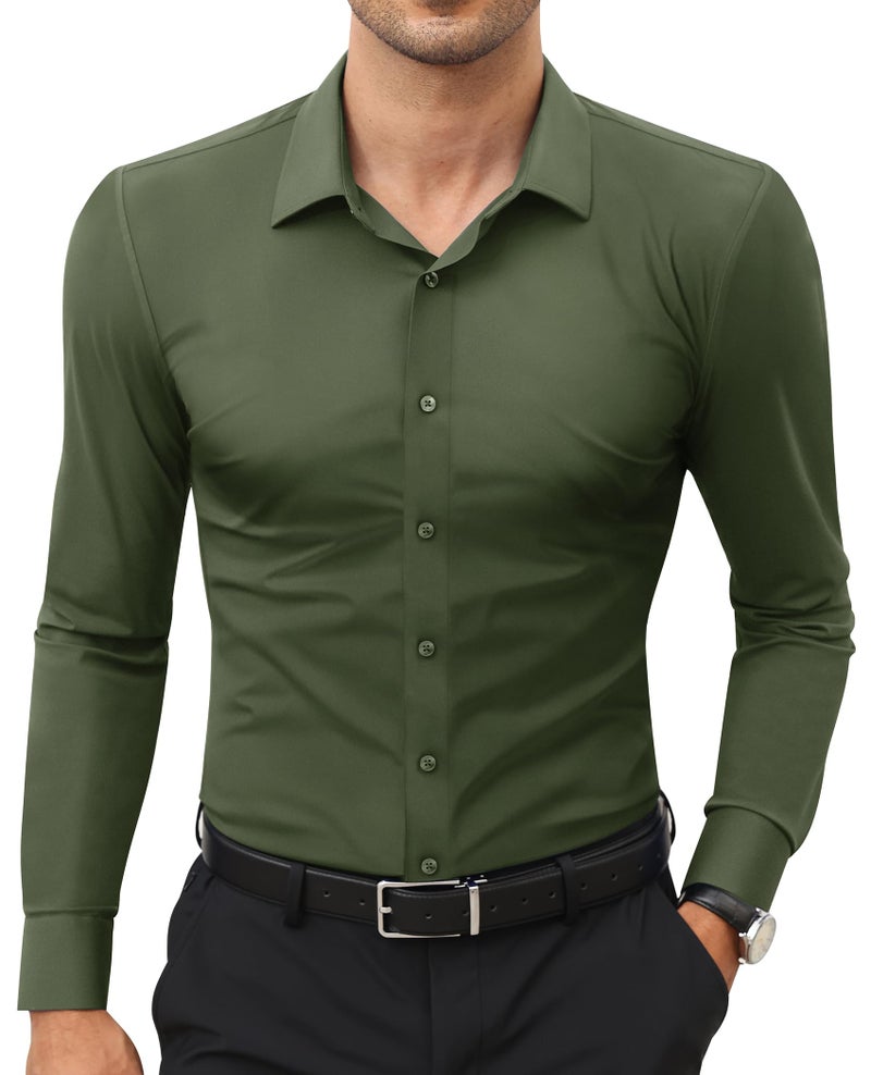 Lion Nardo Stretch Mens Dress Shirts Long Sleeve Slim Fit Dress Shirts for Men Muscle Fit Wrinkle Free Button Down Shirt Grass Green - Image 1