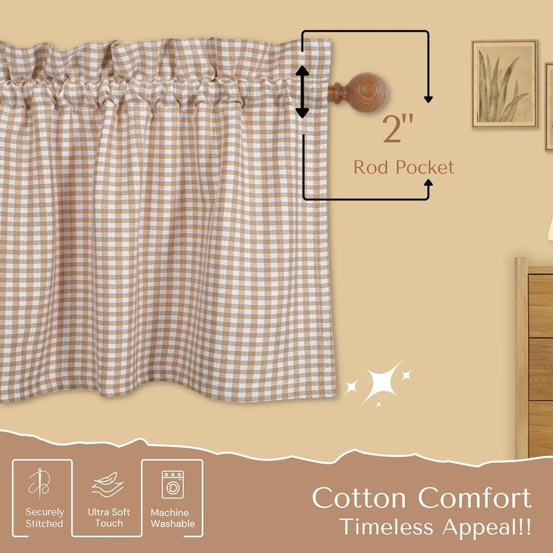 Native Fab Gingham Plaid Check 3 Pieces Window Curtain Tiers 26"x36" and Valance 54"x18" Set - Rod Pocket - Semi Sheer - Short Curtain for Kitchen, Bathroom, Living Room - Beige and White - Image 5