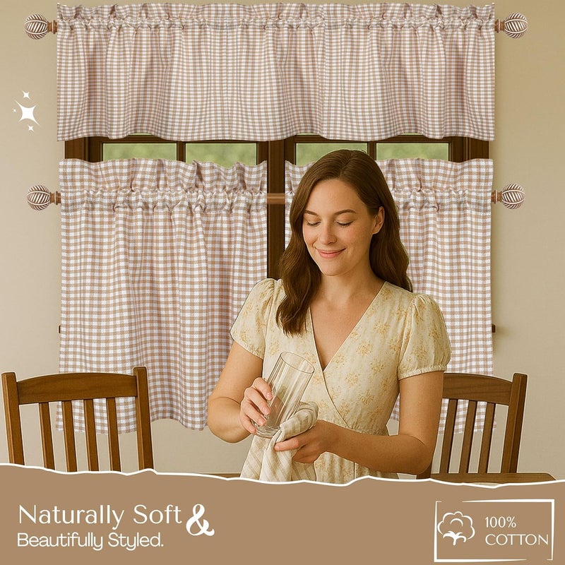Native Fab Gingham Plaid Check 3 Pieces Window Curtain Tiers 26"x36" and Valance 54"x18" Set - Rod Pocket - Semi Sheer - Short Curtain for Kitchen, Bathroom, Living Room - Beige and White - Image 4