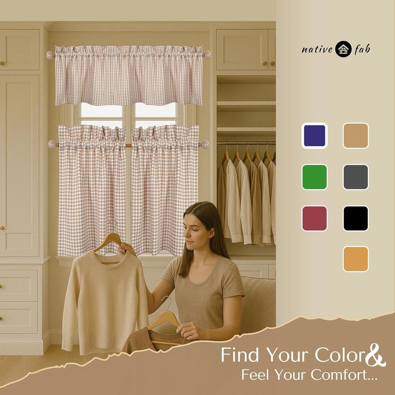 Native Fab Gingham Plaid Check 3 Pieces Window Curtain Tiers 26"x36" and Valance 54"x18" Set - Rod Pocket - Semi Sheer - Short Curtain for Kitchen, Bathroom, Living Room - Beige and White - Image 3