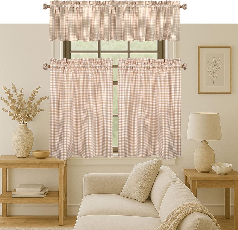 Native Fab Gingham Plaid Check 3 Pieces Window Curtain Tiers 26"x36" and Valance 54"x18" Set - Rod Pocket - Semi Sheer - Short Curtain for Kitchen, Bathroom, Living Room - Beige and White - Image 1