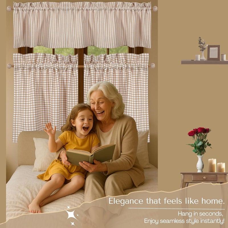 Native Fab Gingham Plaid Check 3 Pieces Window Curtain Tiers 26"x36" and Valance 54"x18" Set - Rod Pocket - Semi Sheer - Short Curtain for Kitchen, Bathroom, Living Room - Beige and White - Image 2