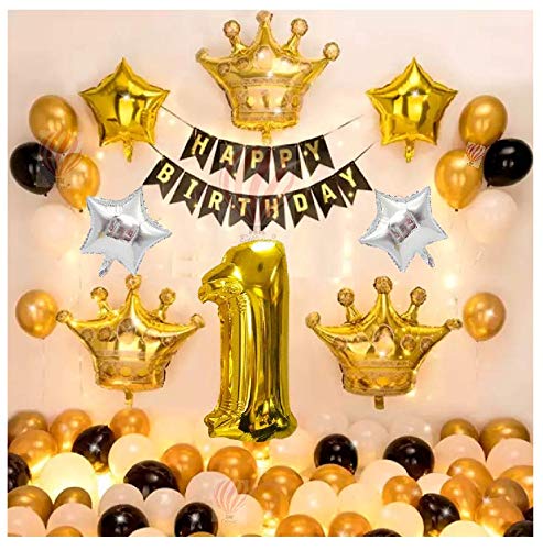 HK balloons Paper 1st Golden Happy Birthday Decoration Item For Girls Kids Boys Happy Birthday Banner,Gold White Black Balloons,Birthday Decoration Backdrop Kit Set Combo, 60 Pcs - Image 1