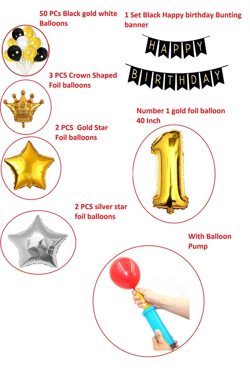 HK balloons Paper 1st Golden Happy Birthday Decoration Item For Girls Kids Boys Happy Birthday Banner,Gold White Black Balloons,Birthday Decoration Backdrop Kit Set Combo, 60 Pcs - Image 2