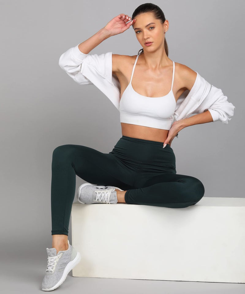 Rock Paper Scissors Premium High Waist Stretchable Gym Leggings with Pockets - Active Wear Yoga Pants Zumba/Dance Womens Workout Tights Bottle Green - Image 4