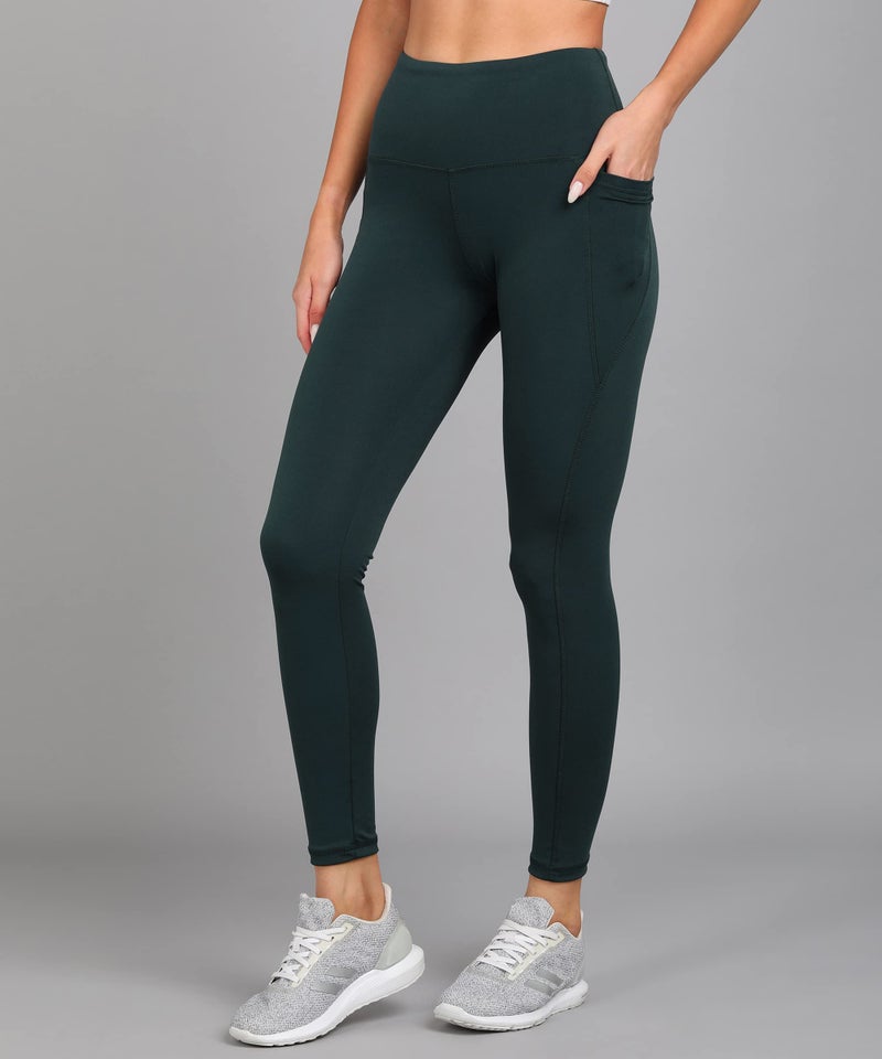 Rock Paper Scissors Premium High Waist Stretchable Gym Leggings with Pockets - Active Wear Yoga Pants Zumba/Dance Womens Workout Tights Bottle Green - Image 2