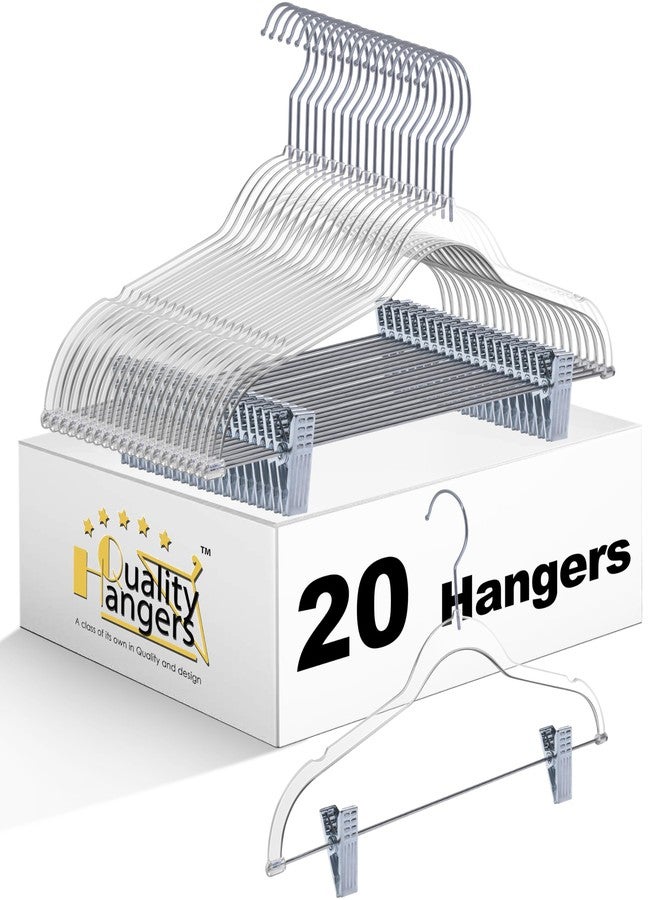 Quality Hangers Clear Plastic Pants with Clips 20 Pack | Heavy Duty Skirt Swivel Hook and Notches | Space Saving Acrylic Clip for Pants | Suitable for All Clothing | 16.5 Inch (Clear, 20) - Image 1