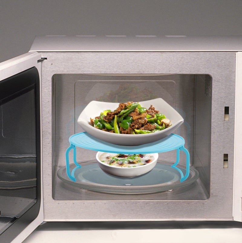 Microwave Steaming Rack: Blue Foldable Plastic 2-Tier Design - Anti-Skid Lines & Easy Storage Microwave Heating Rack for Home Kitchen Refrigerator Table Organization - Image 5