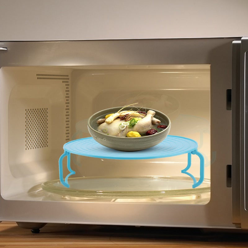 Microwave Steaming Rack: Blue Foldable Plastic 2-Tier Design - Anti-Skid Lines & Easy Storage Microwave Heating Rack for Home Kitchen Refrigerator Table Organization - Image 4