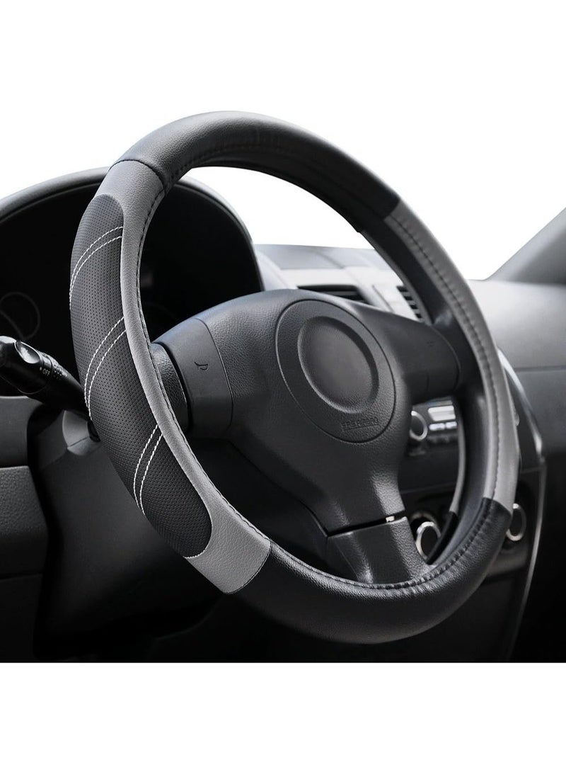 بوانيرت غطاء عجلة قيادة من الجلد الرياضي 37 إلى 39 سم عالمي، مبطن وناعم الملمس، قابل للتهوية، مناسب للسيارات والشاحنات والسيارات الرياضية متعددة الاستخدامات والجيب، مضاد للانزلاق وعديم الرائحة، باللونين الأسود والرمادي - Image 1