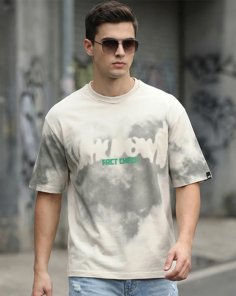 Men's Beige Printed Oversized T-shirt