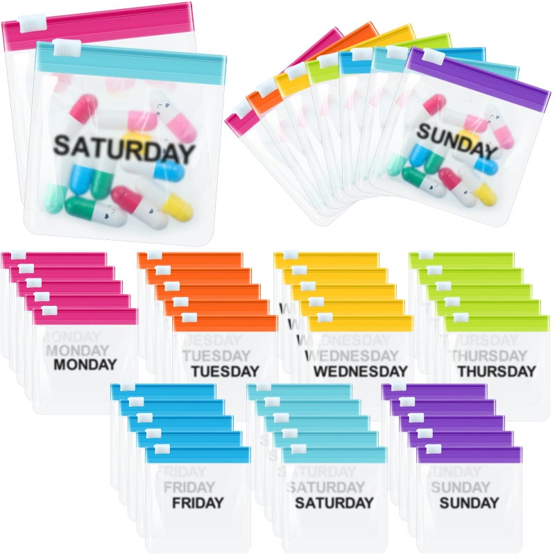 35 قطعة أكياس حبوب بسحاب مجموعة أكياس حبوب قابلة لإعادة الاستخدام منظم أدوية شفاف منظم أدوية ذاتية الإغلاق أكياس بلاستيكية للسفر مع قفل منزلق للتخزين ألوان أنيقة