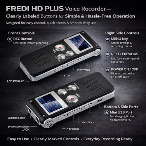 FREDI HD PLUS 8GB Digital Voice Recorder with LCD Display | 10–12 Hours Recording Time | USB Data Transfer | Noise Reduction Microphone | Portable Audio Recorder for Study, Office & Meetings - Image 2