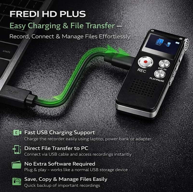 FREDI HD PLUS 8GB Digital Voice Recorder with LCD Display | 10–12 Hours Recording Time | USB Data Transfer | Noise Reduction Microphone | Portable Audio Recorder for Study, Office & Meetings - Image 5