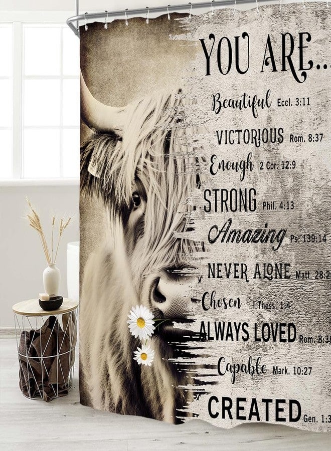 Miyotaa Highland Cow Bull Shower Curtain Set 60Wx71H Inches Rustic Farmhouse Quotes Inspirational Motivational Positive Bible Vintage Country Waterproof Bathroom Curtain with 12 Hooks - Image 2