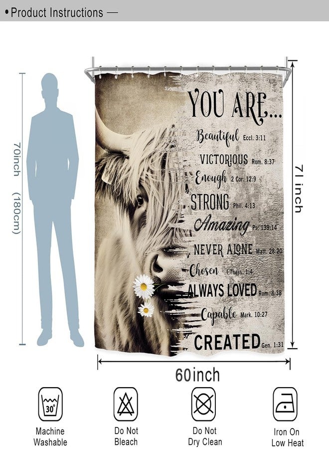 Miyotaa Highland Cow Bull Shower Curtain Set 60Wx71H Inches Rustic Farmhouse Quotes Inspirational Motivational Positive Bible Vintage Country Waterproof Bathroom Curtain with 12 Hooks - Image 3