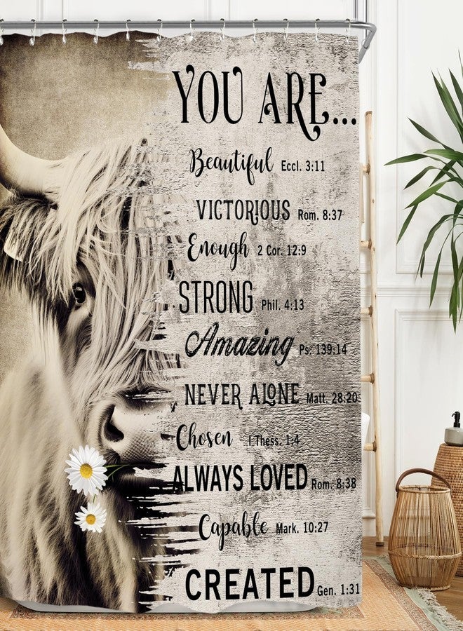 Miyotaa Highland Cow Bull Shower Curtain Set 60Wx71H Inches Rustic Farmhouse Quotes Inspirational Motivational Positive Bible Vintage Country Waterproof Bathroom Curtain with 12 Hooks - Image 1