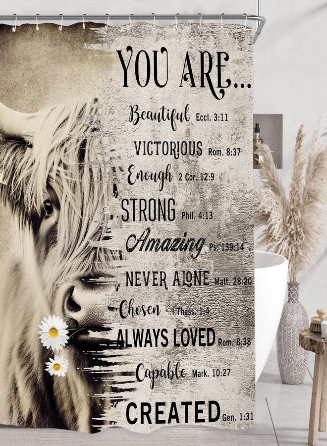 Miyotaa Highland Cow Bull Shower Curtain Set 60Wx71H Inches Rustic Farmhouse Quotes Inspirational Motivational Positive Bible Vintage Country Waterproof Bathroom Curtain with 12 Hooks - Image 5