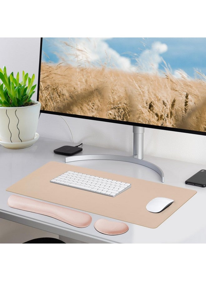 بلوس وسادة مكتب من الجلد اللامع ومسند معصم لوحة المفاتيح، وسادة ماوس كبيرة + وسادة لوحة مفاتيح + دعم معصم الماوس، واقي حصيرة مكتب غير قابل للانزلاق للمكتب والمنزل (35.4 × 15.7 بوصة، بيج) - Image 2