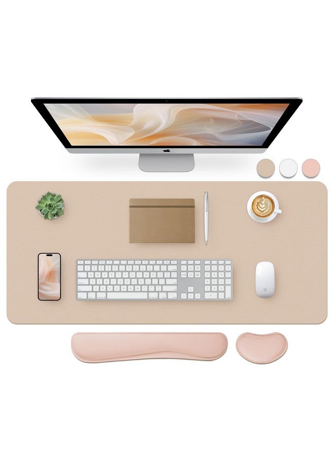 بلوس وسادة مكتب من الجلد اللامع ومسند معصم لوحة المفاتيح، وسادة ماوس كبيرة + وسادة لوحة مفاتيح + دعم معصم الماوس، واقي حصيرة مكتب غير قابل للانزلاق للمكتب والمنزل (35.4 × 15.7 بوصة، بيج) - Image 1