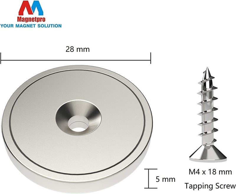 Magnetpro 6 Pieces Neodymium Magnets 25 kg Strength 28 x 5 mm with Capsule, Pot Disc Magnet with Screws - Image 3