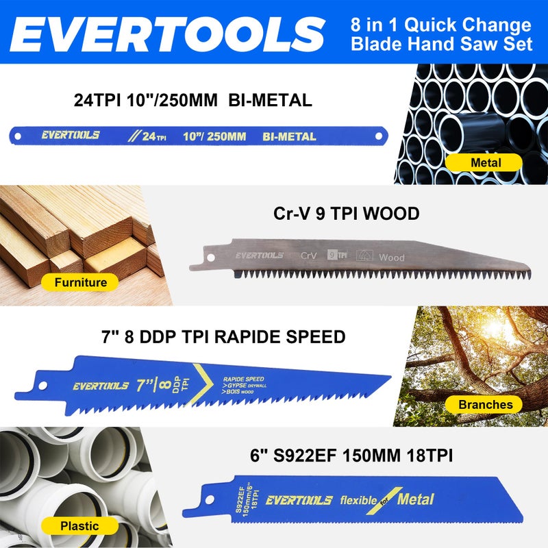 EVERTOOLS 8-in-1 Multi-Blade Hand Saw, Small Hacksaw, Long Handsaws, Jab Saw, Mini Blade Quick-Change Mechanism for Cutting Drywall, Sheetrock, Wood, Metal, Plastic and Plywood. - Image 3