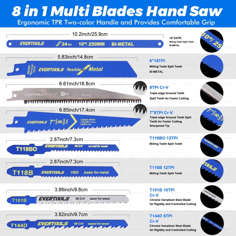 EVERTOOLS 8-in-1 Multi-Blade Hand Saw, Small Hacksaw, Long Handsaws, Jab Saw, Mini Blade Quick-Change Mechanism for Cutting Drywall, Sheetrock, Wood, Metal, Plastic and Plywood. - Image 5