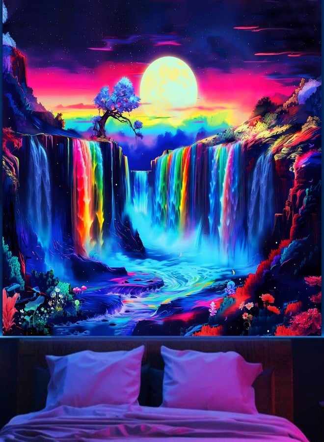 Apdidl Blacklight Posters Waterfall Moon Tapestry, Black Light Neon UV Reactive Mountain Tree Tapestries Wall Hanging, Fantasy Landscape Wave Nature Tapestry for Bedroom Room Dorm Decor (60"X79") - Image 1