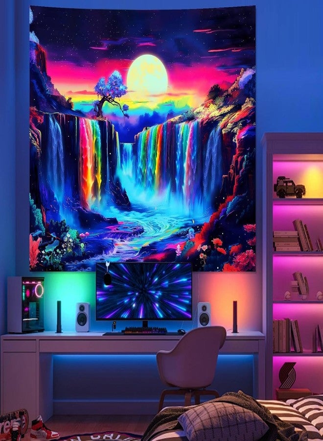 Apdidl Blacklight Posters Waterfall Moon Tapestry, Black Light Neon UV Reactive Mountain Tree Tapestries Wall Hanging, Fantasy Landscape Wave Nature Tapestry for Bedroom Room Dorm Decor (60"X79") - Image 2