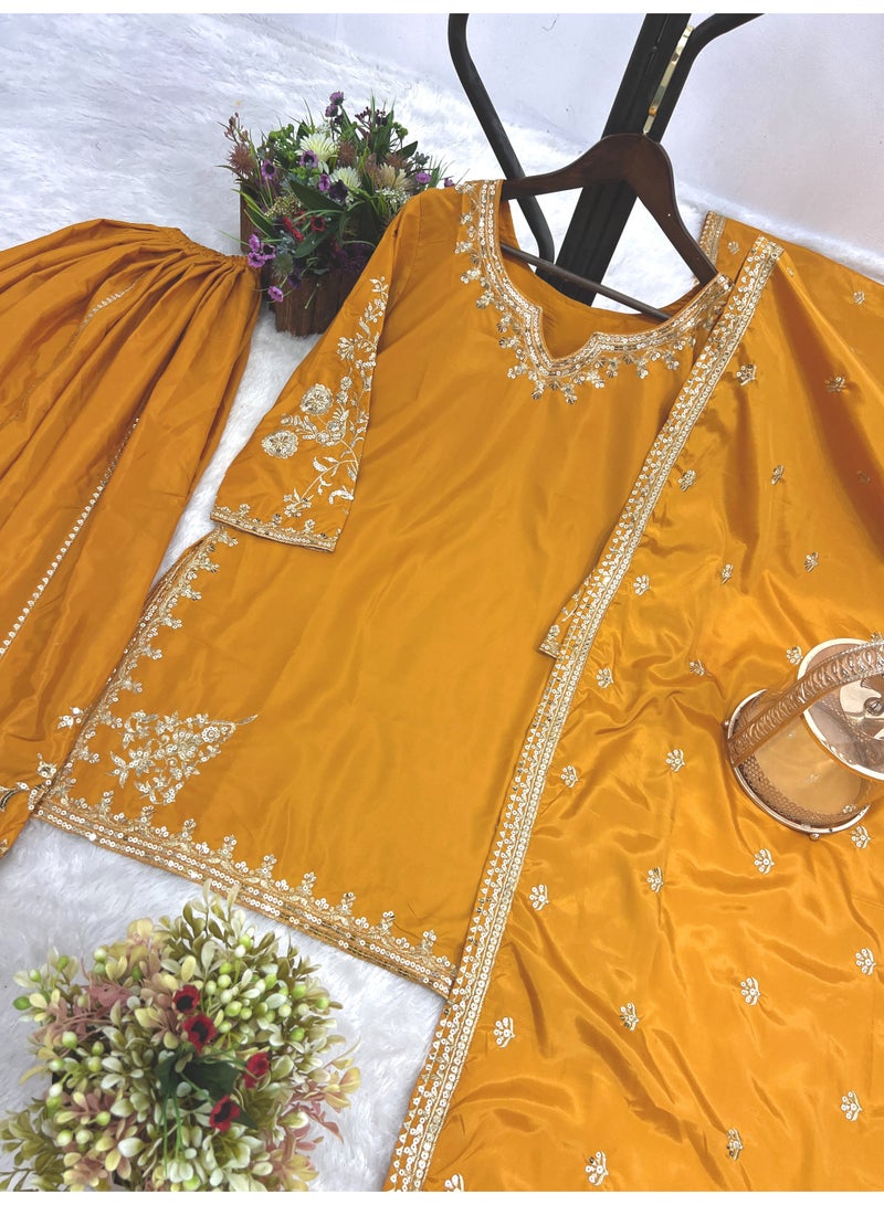 Super Asian Elegant One-Side Embroidered Kurti with Flared Sharara & Dupatta | Sequence Work Design - Image 4