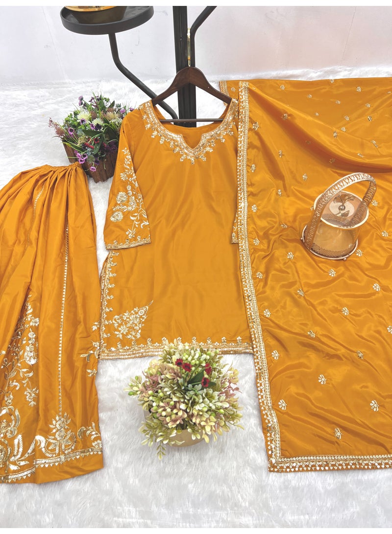 Super Asian Elegant One-Side Embroidered Kurti with Flared Sharara & Dupatta | Sequence Work Design - Image 3