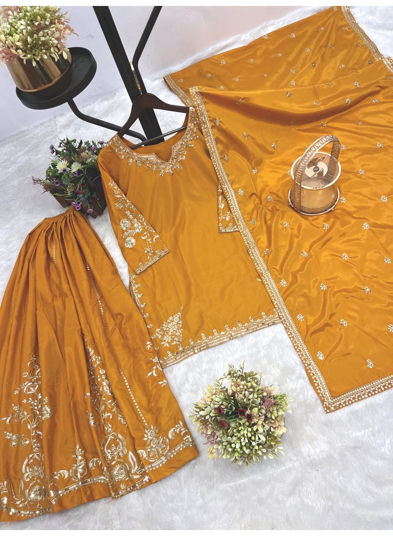 Super Asian Elegant One-Side Embroidered Kurti with Flared Sharara & Dupatta | Sequence Work Design - Image 2