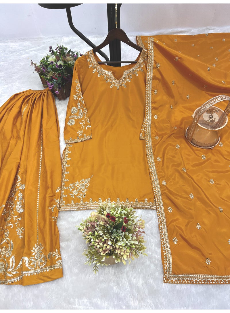 Super Asian Elegant One-Side Embroidered Kurti with Flared Sharara & Dupatta | Sequence Work Design - Image 1