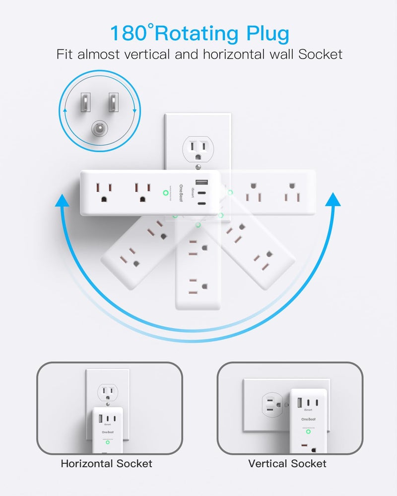 One Beat Surge Protector Outlet Extender with Rotating Plug, 6 AC Multi Plug Outlet with 3 USB Ports (2 USB C), 1800 Joules, 3-Sided Swivel Power Strip with Spaced Outlet Splitter for Home, Office, Dorm, White - Image 2
