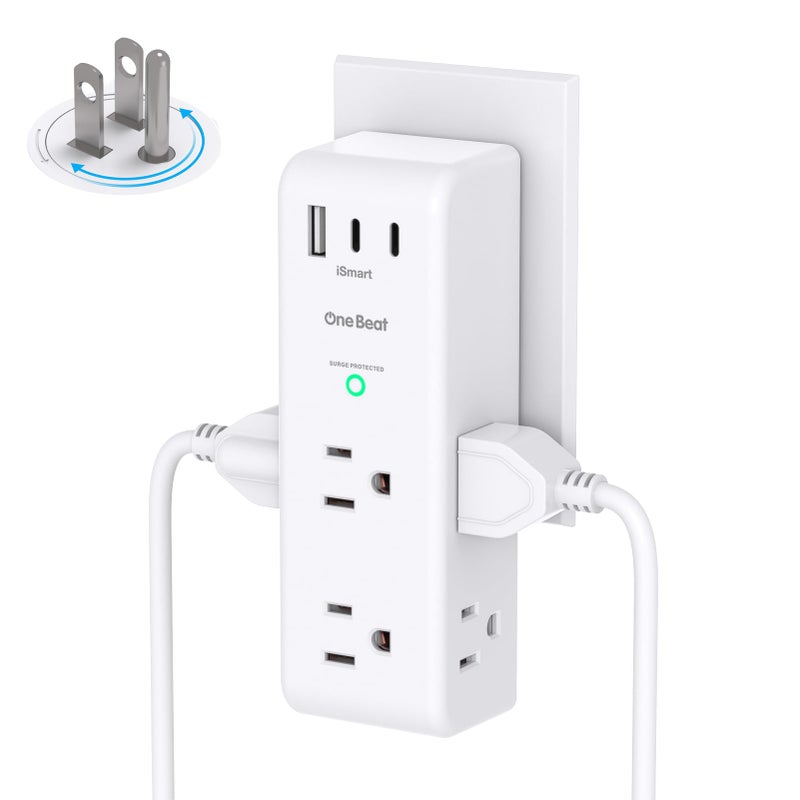 One Beat Surge Protector Outlet Extender with Rotating Plug, 6 AC Multi Plug Outlet with 3 USB Ports (2 USB C), 1800 Joules, 3-Sided Swivel Power Strip with Spaced Outlet Splitter for Home, Office, Dorm, White - Image 1
