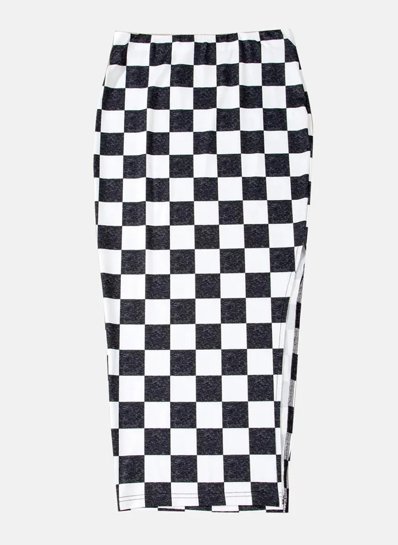 YUNIQEE Multicoloured Checked Bodycon Midi Skirt With Side Slit
