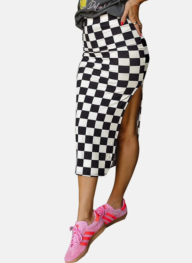 YUNIQEE Multicoloured Checked Bodycon Midi Skirt With Side Slit