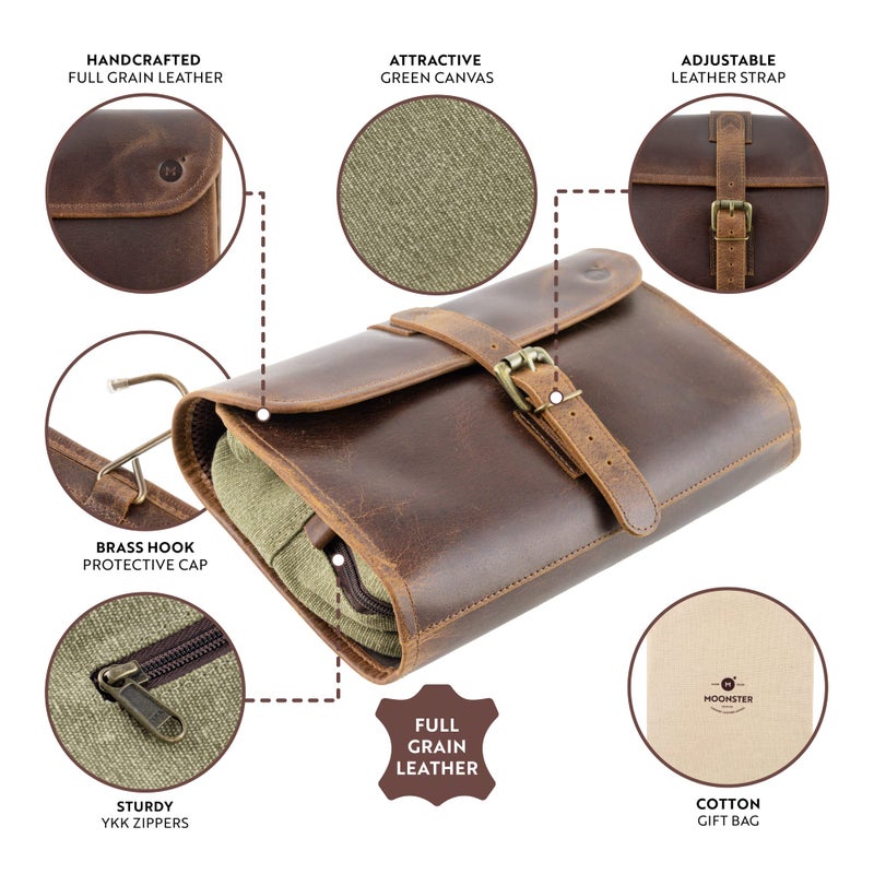 moonster Hanging Toiletry Bag for Men & Women, Leather Travel Bag with Hanging Hook, Dopp Kit Shower Bag - Image 2